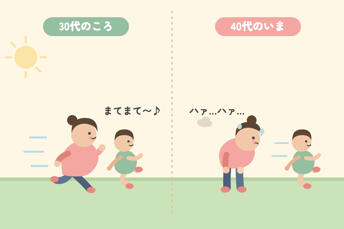 30代の頃は子どもと一緒に全力で走れたのに、40代になり息切れして体力の衰えを感じるママの比較イラスト