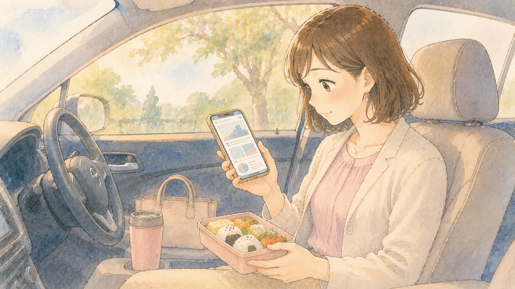 車内の休憩時間にお弁当を食べながらスマホで転職情報を調べる女性のイラスト
