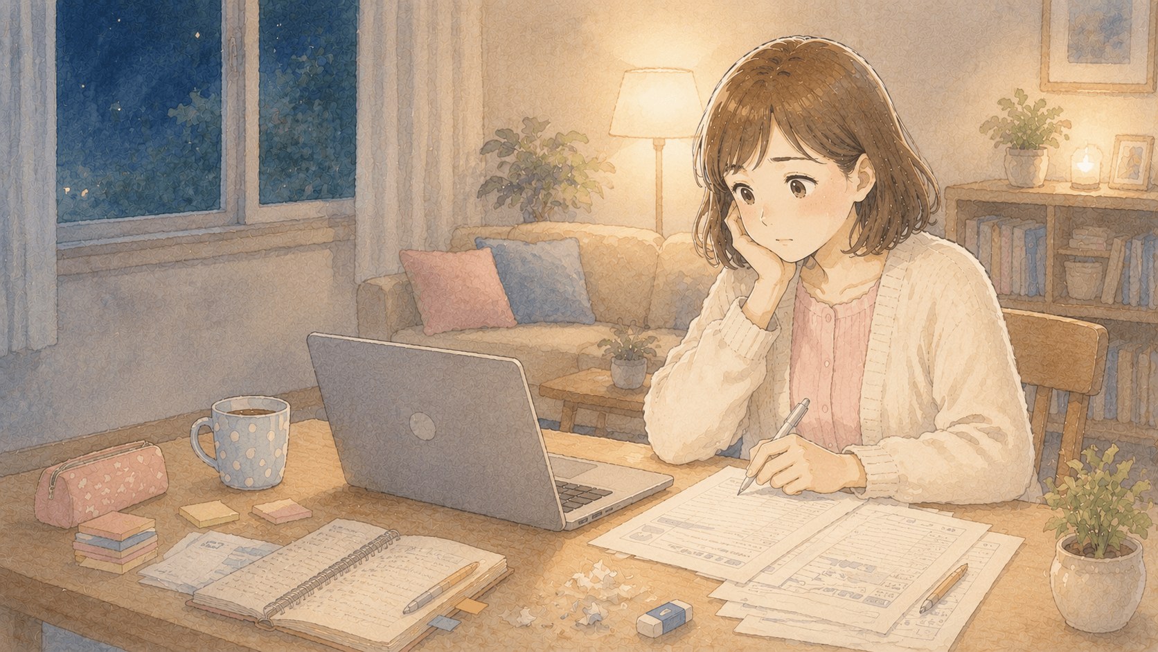 子どもが寝た後の夜、パソコンで履歴書と職務経歴書を書きながら考え込む女性のイラスト
