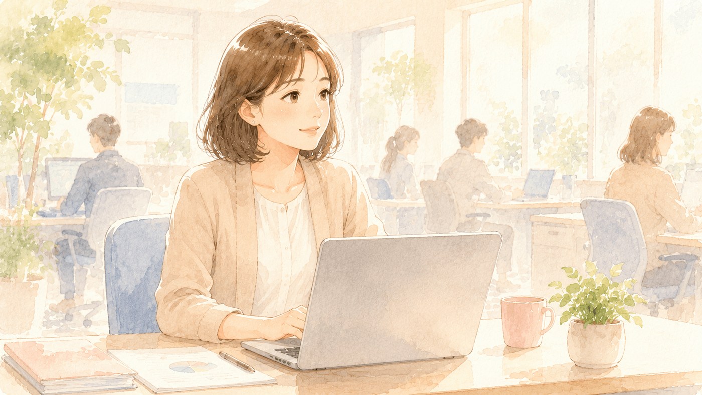 転職から1年後、明るい職場で穏やかな表情で働く女性のイラスト
