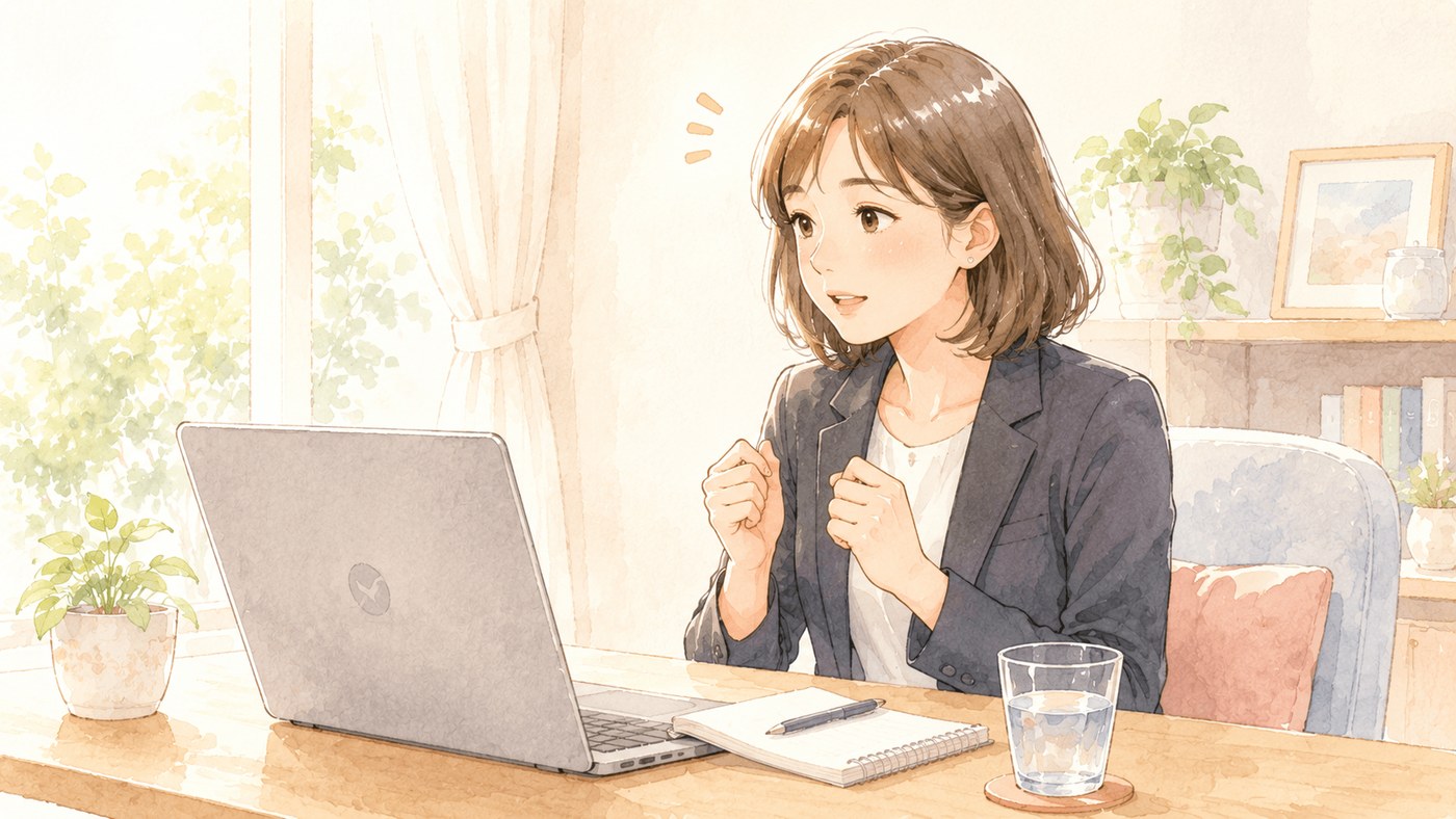 オンライン面接で、緊張しながらも前を向いて給与について交渉する女性のイラスト