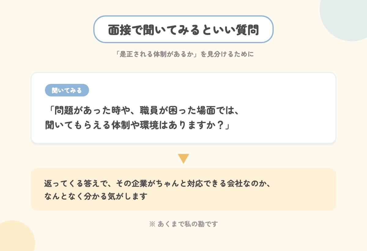 面接で「問題があった時に聞いてもらえる体制はあるか」を聞いてみるとよい、という図解イラスト