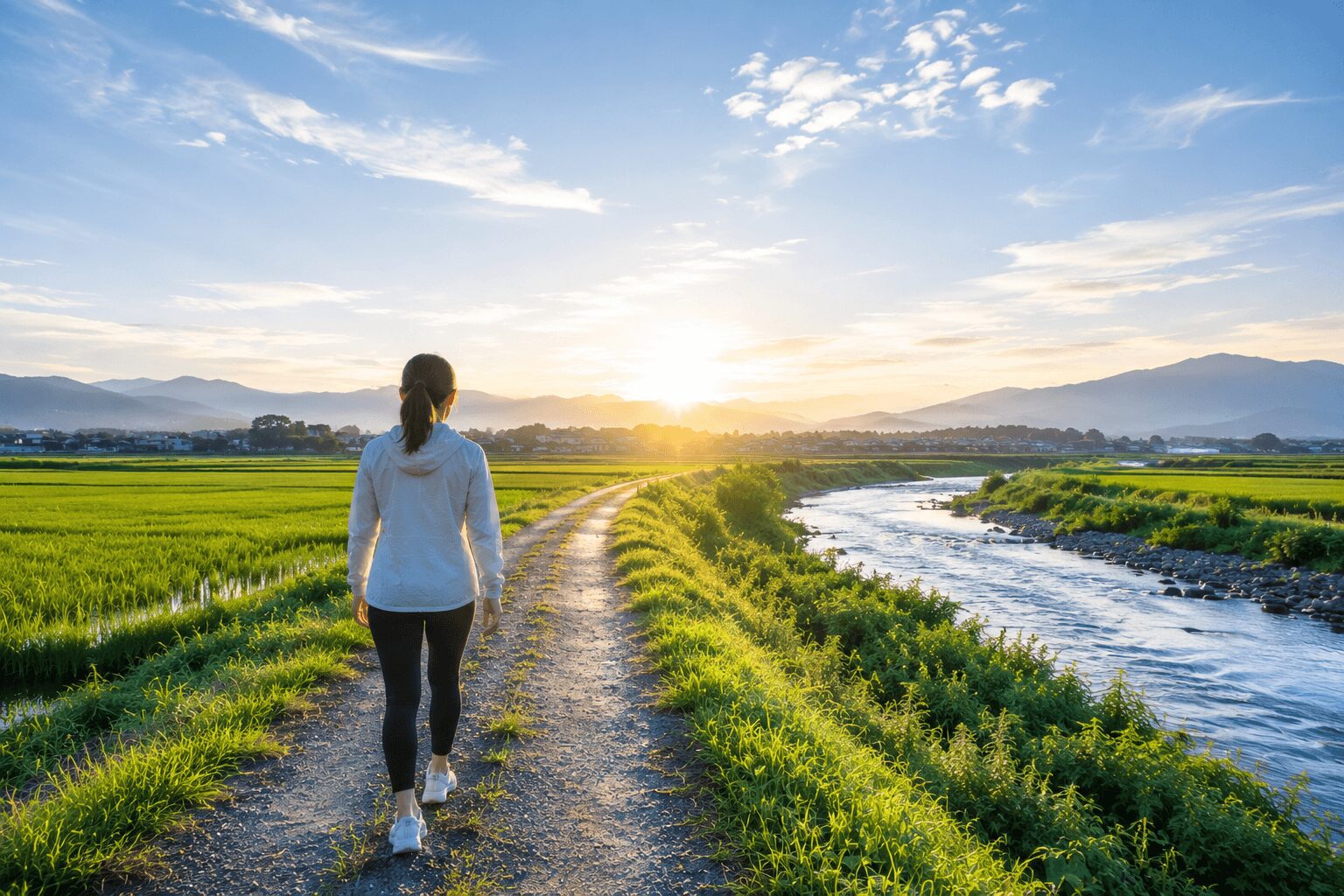 朝日の中、川沿いの田んぼ道を散歩する女性