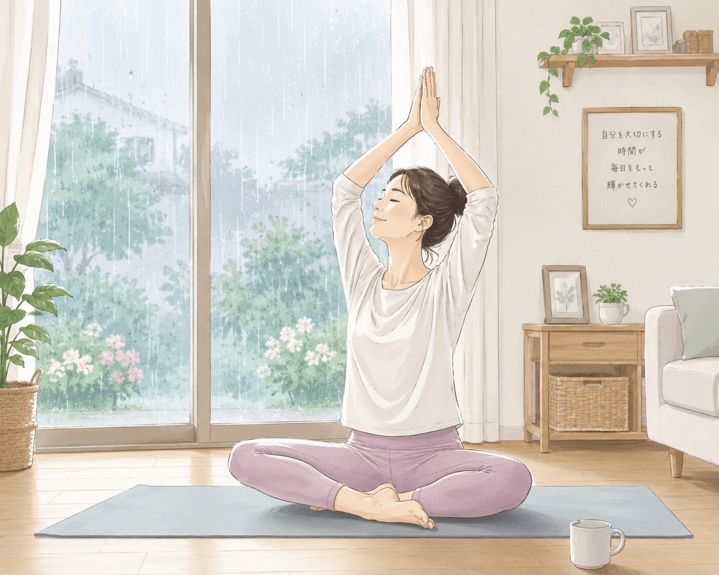 雨の朝、部屋でヨガをして心と体を整える女性