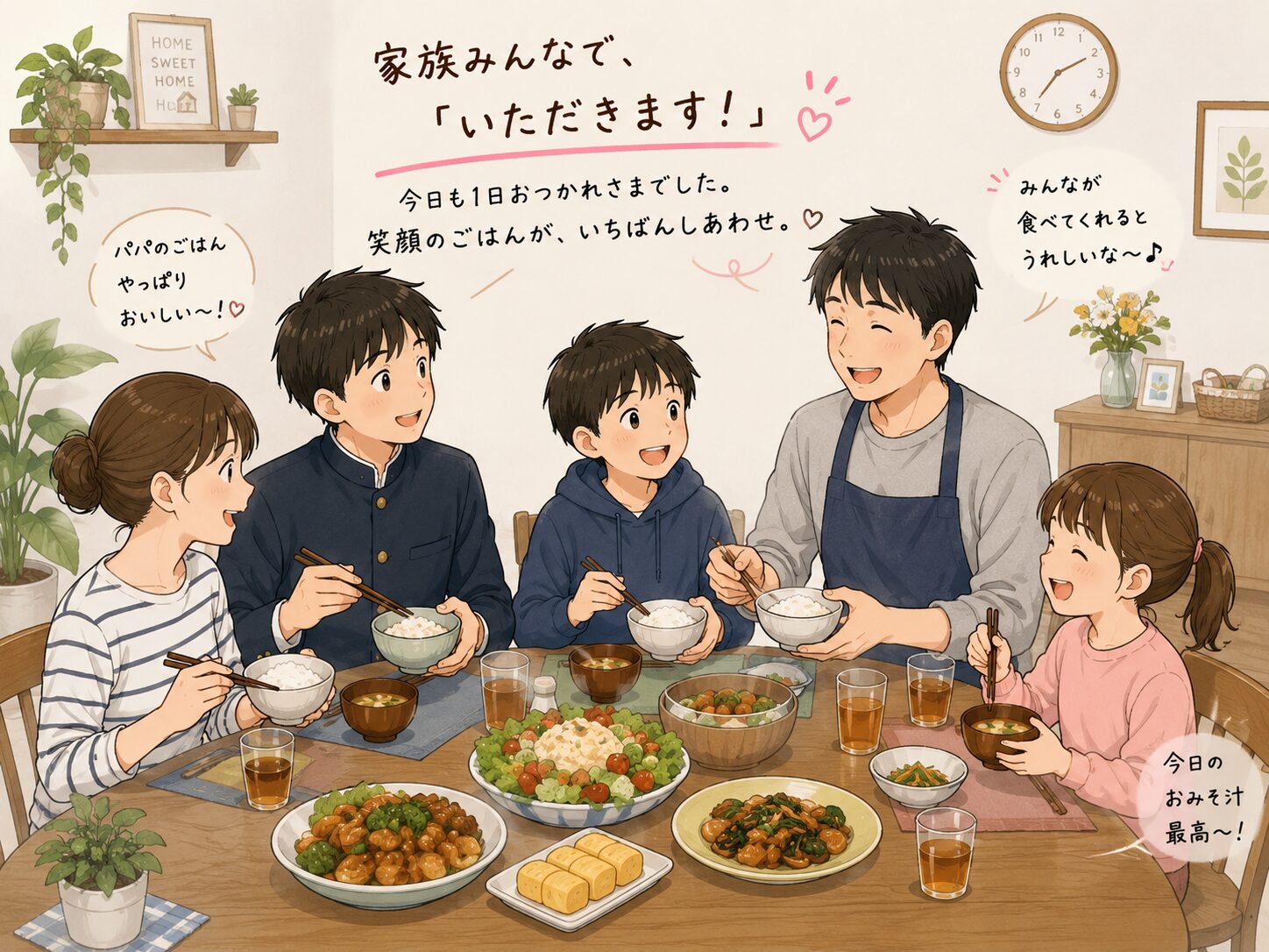 家族みんなでいただきますと笑顔で食卓を囲むイラスト
