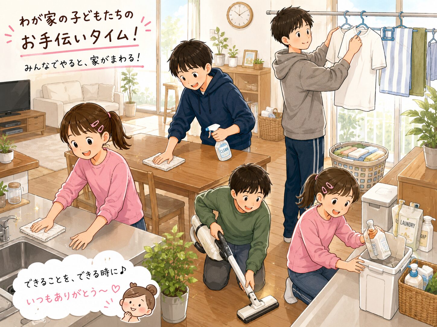 わが家の子どもたちのお手伝いタイム。3人それぞれができることをできる時にやっている様子のイラスト
