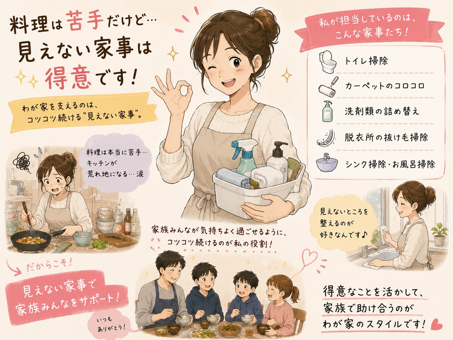 料理は苦手だけど見えない家事は得意という、私が担当しているトイレ掃除・カーペットのコロコロ・洗剤の詰め替え・脱衣所の抜け毛掃除・シンク風呂掃除のリストイラスト