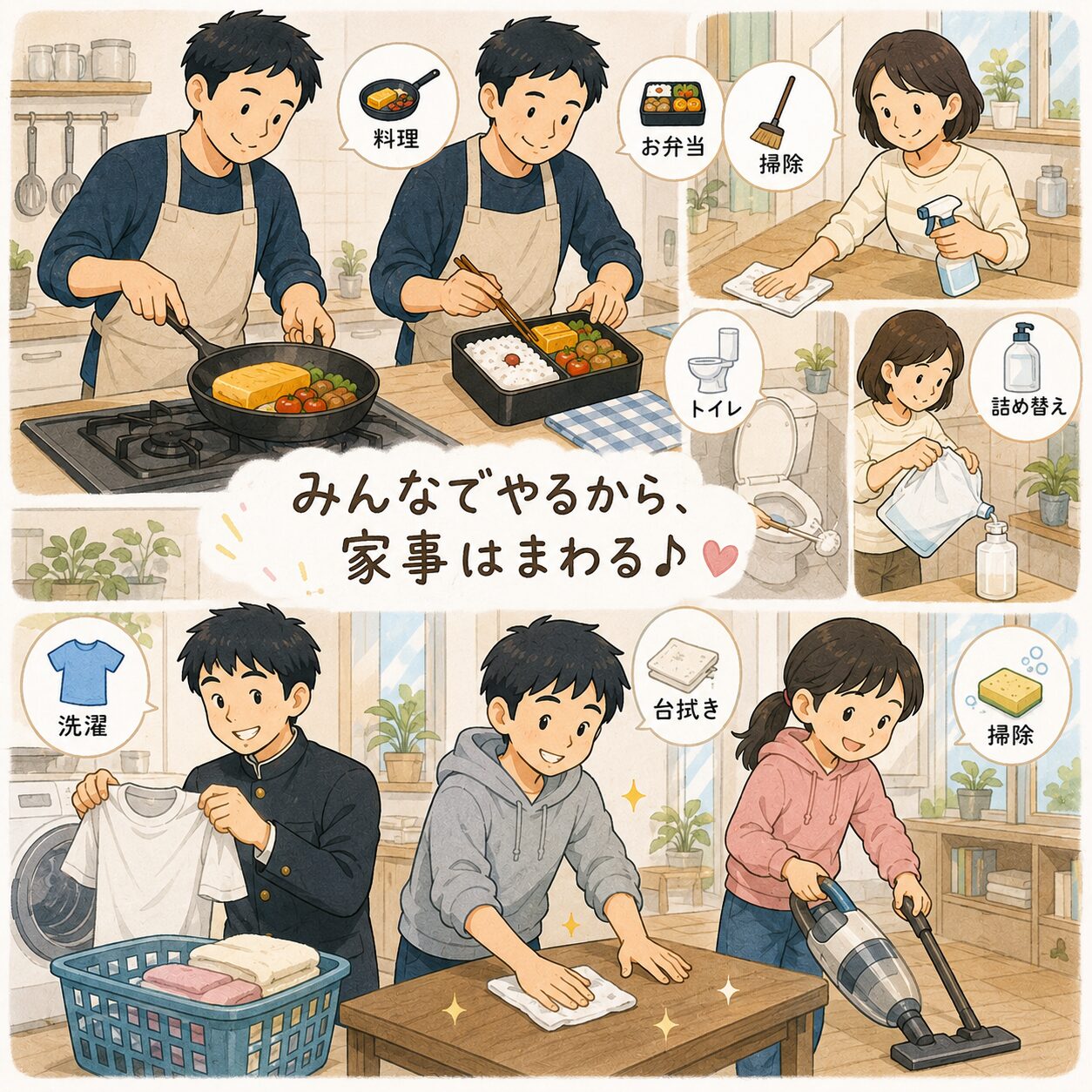 夫は料理とお弁当担当、妻は掃除担当、子どもたちはみんなで洗濯・台拭き・掃除を分担するわが家の役割イラスト