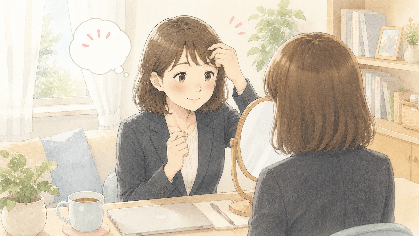 面接前に鏡で前髪をチェックしながら少し照れて微笑む女性のイラスト