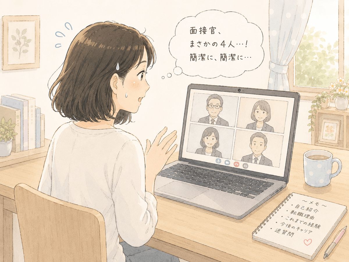 オンライン面接で面接官がまさかの4人だったことに驚く女性のイラスト