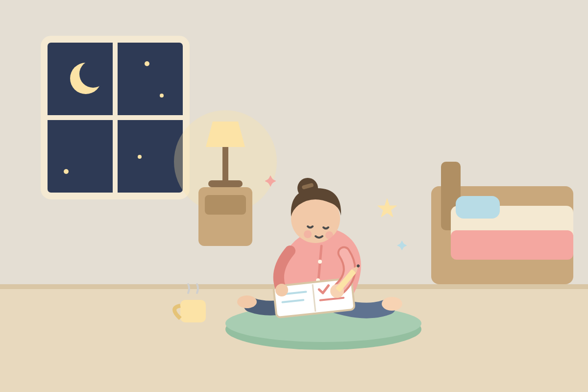 夜寝る前に、今日できたことをノートに書いているパジャマ姿の主婦のイラスト