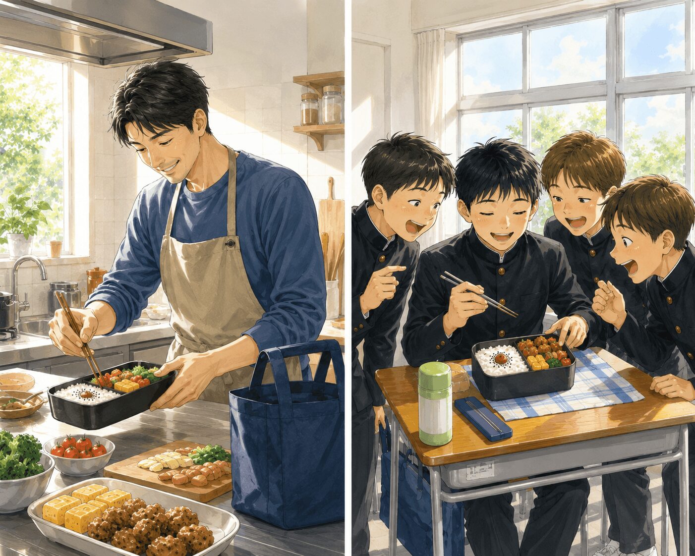 夫が作ったお弁当と、それを見て喜ぶ息子と友だち