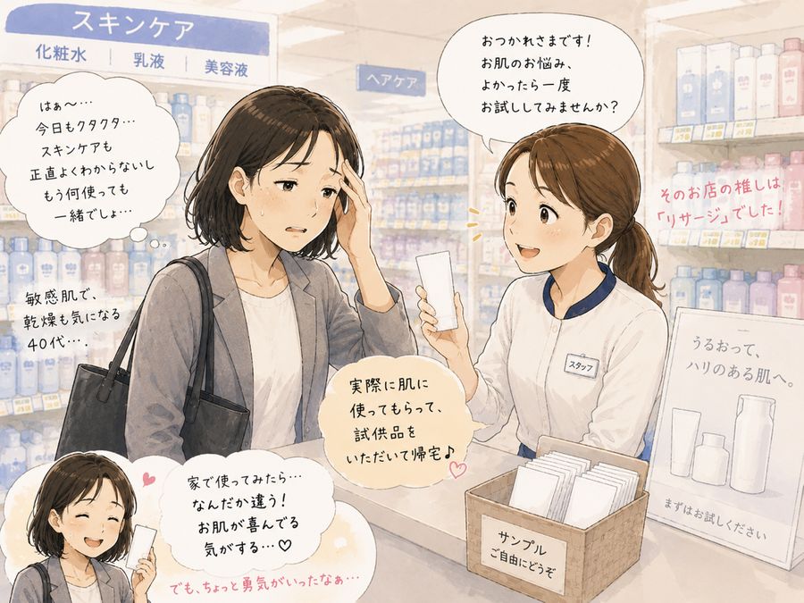 ドラッグストアで販売員さんに試供品をすすめられる女性のイラスト