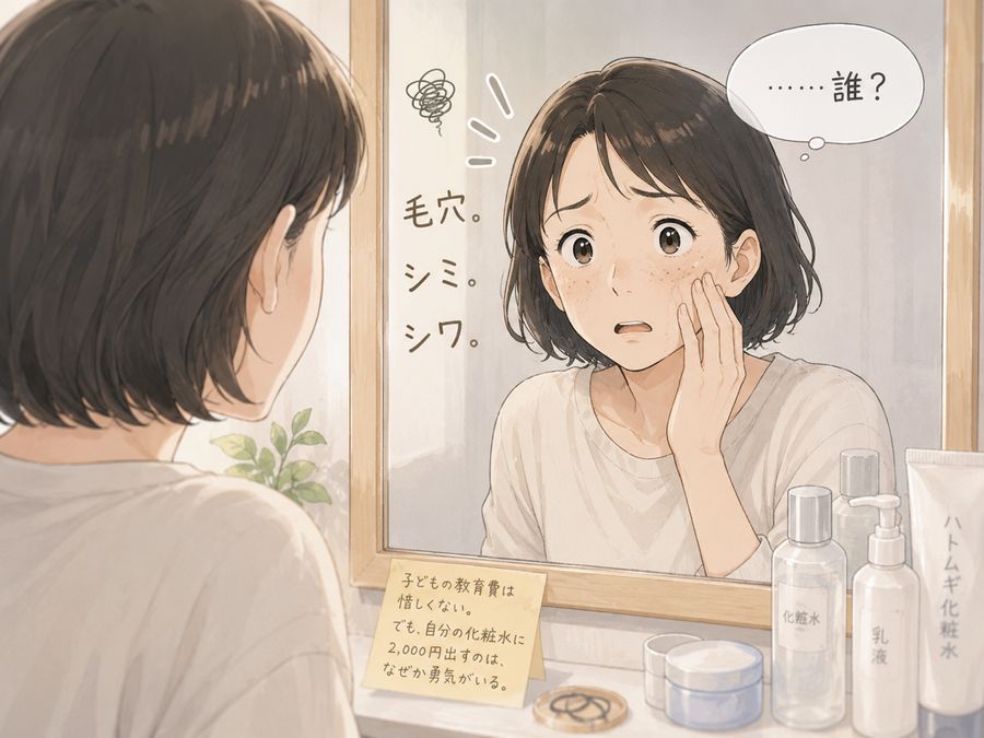 鏡を見て毛穴・シミ・シワにショックを受け「……誰?」と驚く42歳女性のイラスト