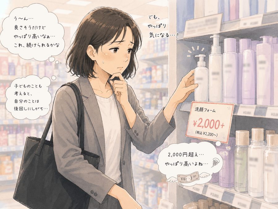 ドラッグストアの棚の前で2,000円超えの洗顔フォームを前に悩む女性のイラスト