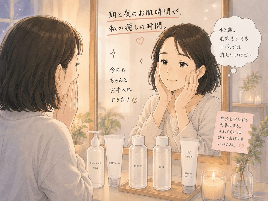 夜、鏡の前でスキンケアを終えて「今日もちゃんとお手入れできた」と満足する女性のイラスト