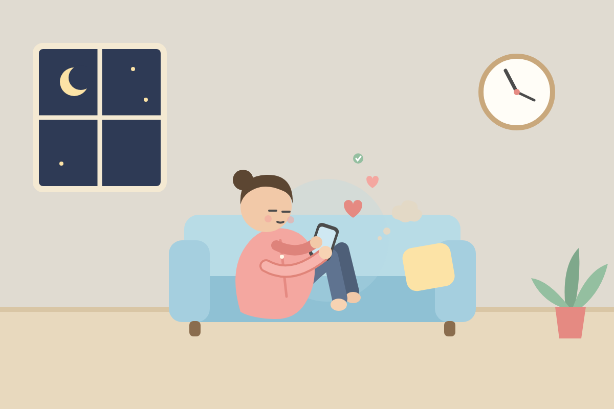夜、ソファにもたれてスマホをダラダラ見てしまうパジャマ姿の主婦のイラスト