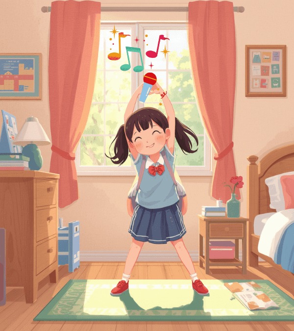 家で一人、自分のタイミングで歌って踊る女の子のイラスト
