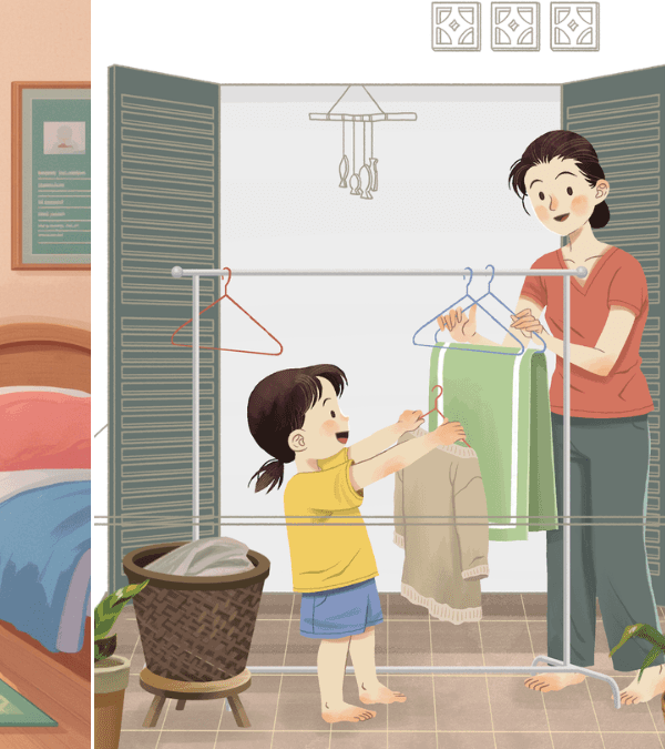 親子で洗濯物を干している様子のイラスト