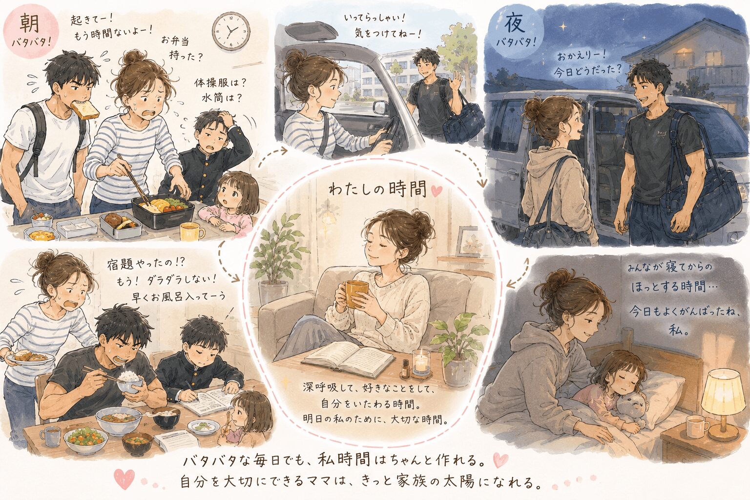 バタバタな毎日でも自分の時間を持つママのイラスト