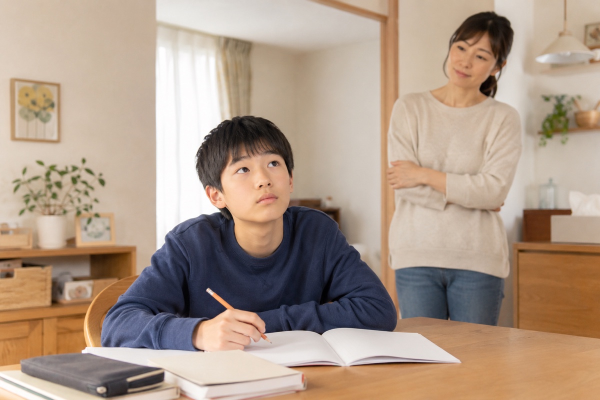 問題集を前に手が止まっている中学生と、見守る母親