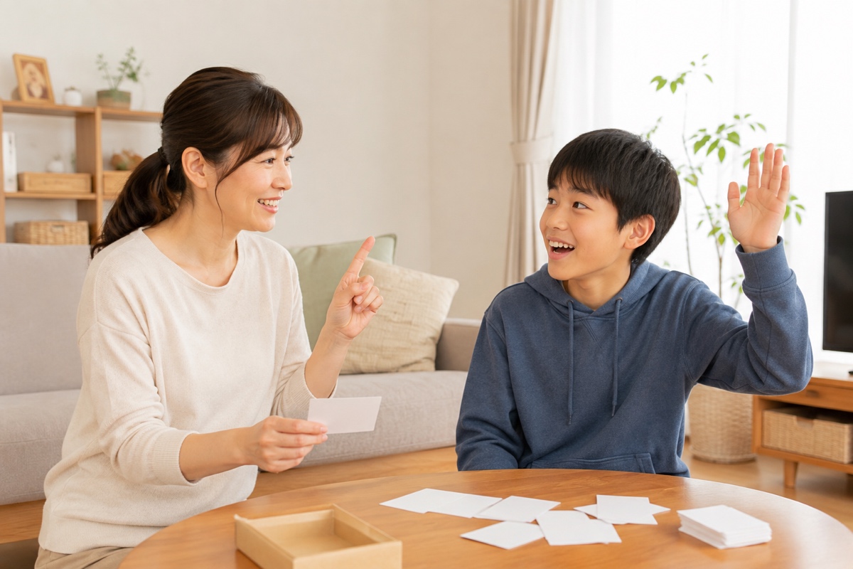 母親がクイズを出し、中学生の息子が手を挙げて答えている