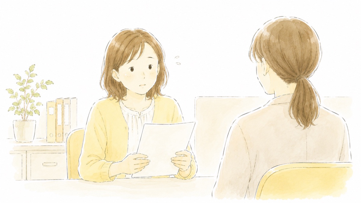 職場で給与振込先を変えられるか尋ねている女性のイラスト
