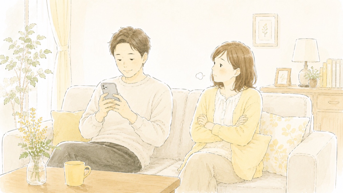 ソファに並んで座る夫婦。妻が少し不服そうにしているイラスト