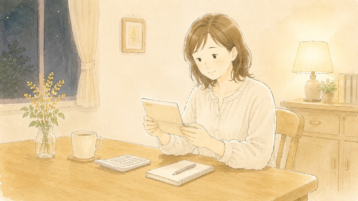 夜のダイニングで通帳を確認している女性のイラスト