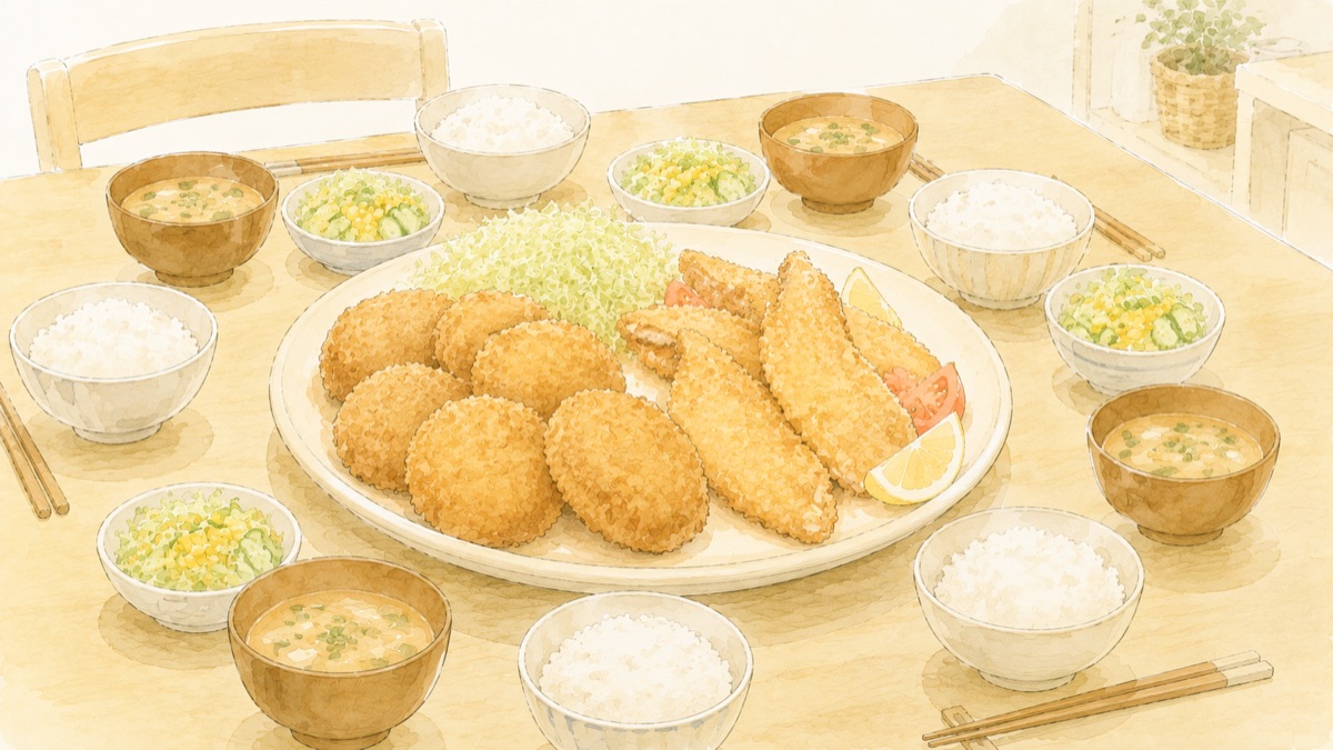 大皿に盛られたコロッケと白身フライ、5人分のごはんと味噌汁が並ぶ食卓のイラスト