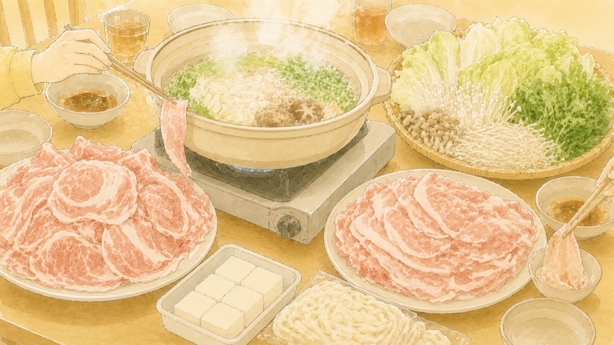 豚バラ肉の大皿が2つ並ぶしゃぶしゃぶの食卓のイラスト