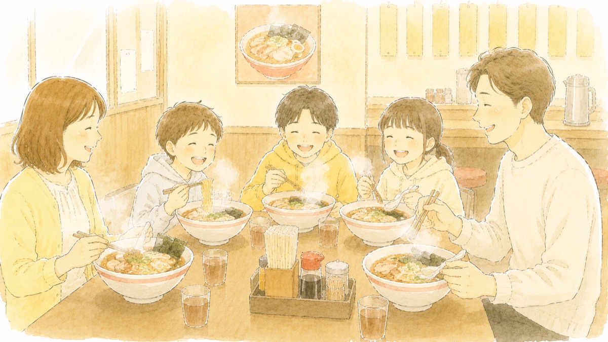 ラーメン屋さんのテーブルで、家族5人が笑顔でラーメンを食べているイラスト
