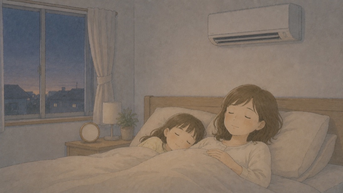 エアコンが止まった夜明け前の寝室で、母親と娘が静かに眠っているイラスト