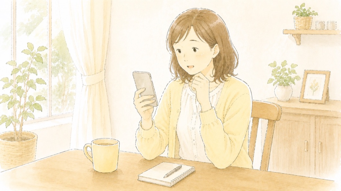 ダイニングテーブルでスマートフォンの家計簿を見て、少し感心している女性のイラスト