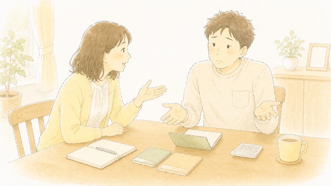 ダイニングテーブルで話がかみ合わない40代の夫婦のイラスト