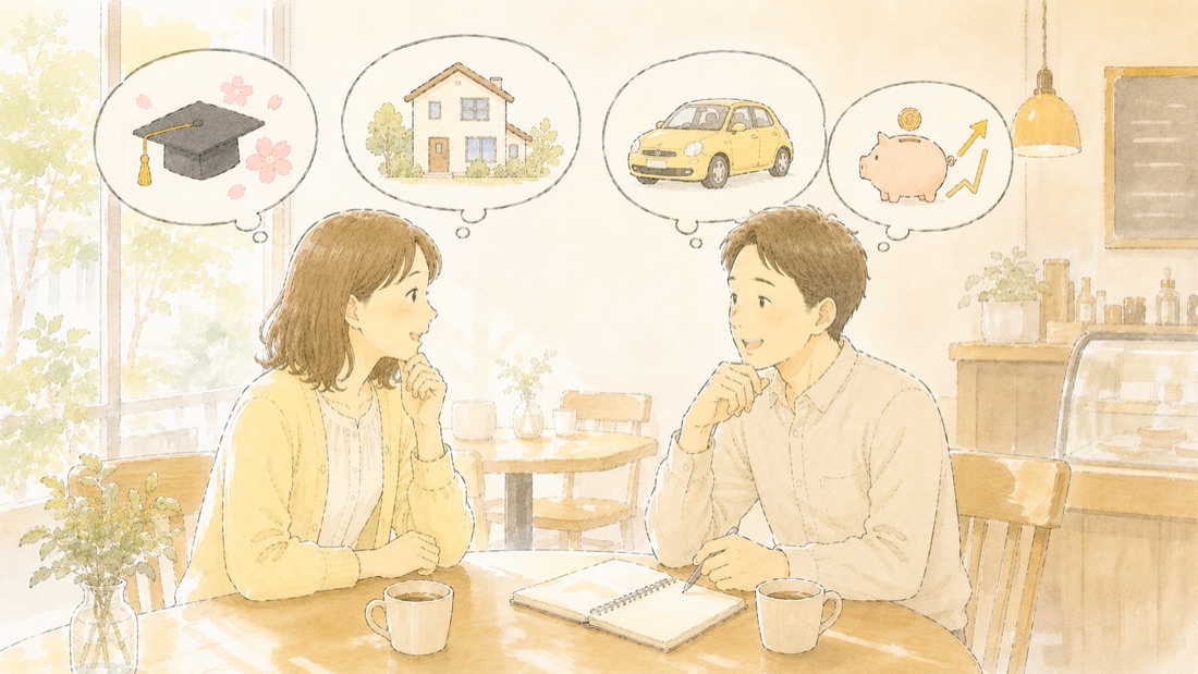 カフェで進学・住宅ローン・車の買い替え・貯蓄について話し合う夫婦のイラスト