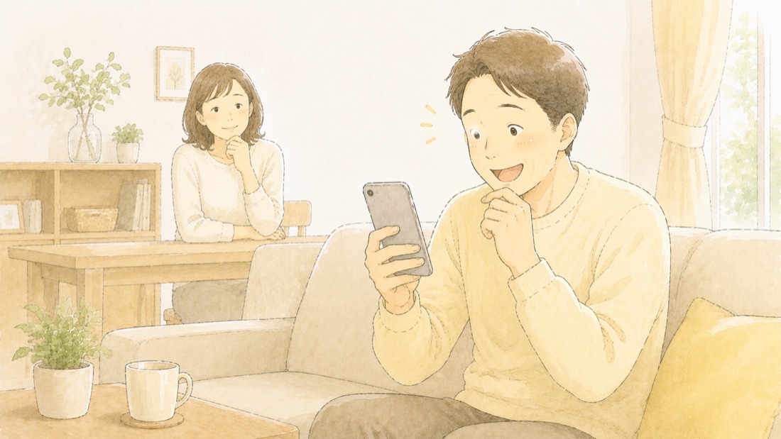 スマートフォンを見て嬉しそうにしている夫と、それを見て微笑む妻のイラスト