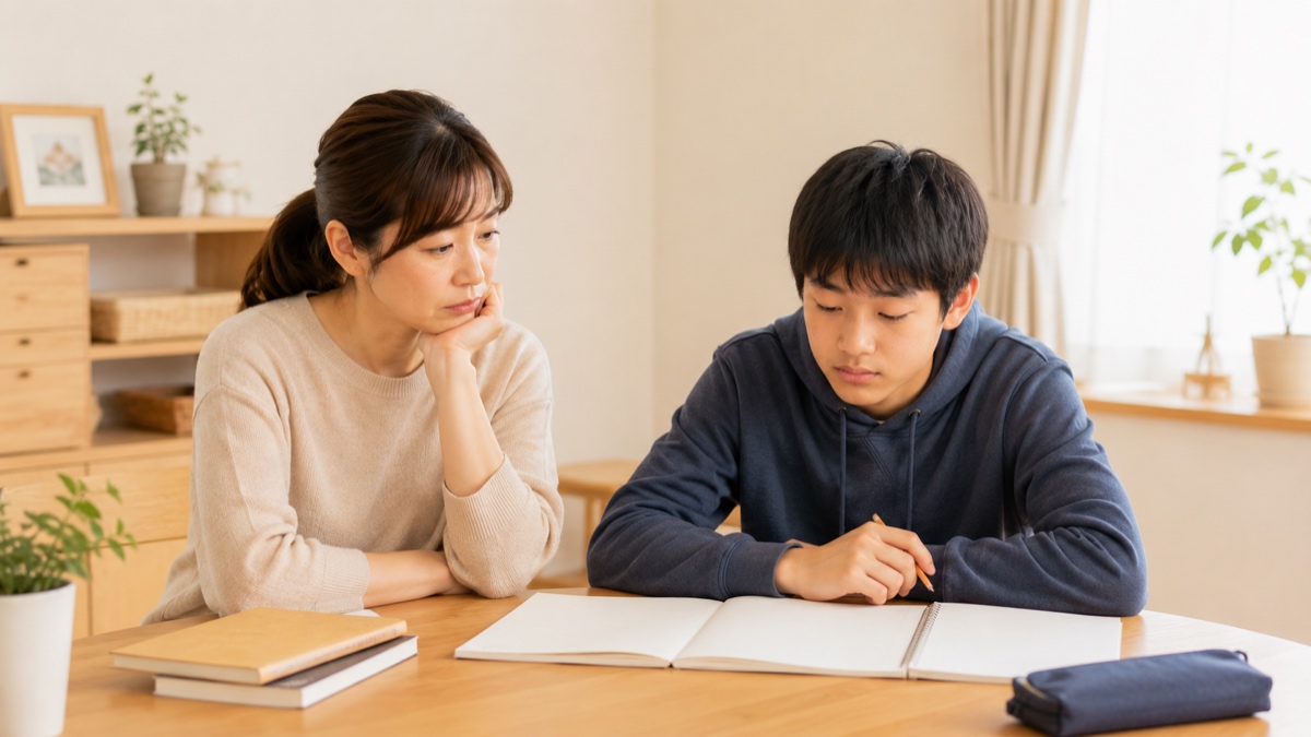 教えようとする母親と、うつむいて書く中学生の息子