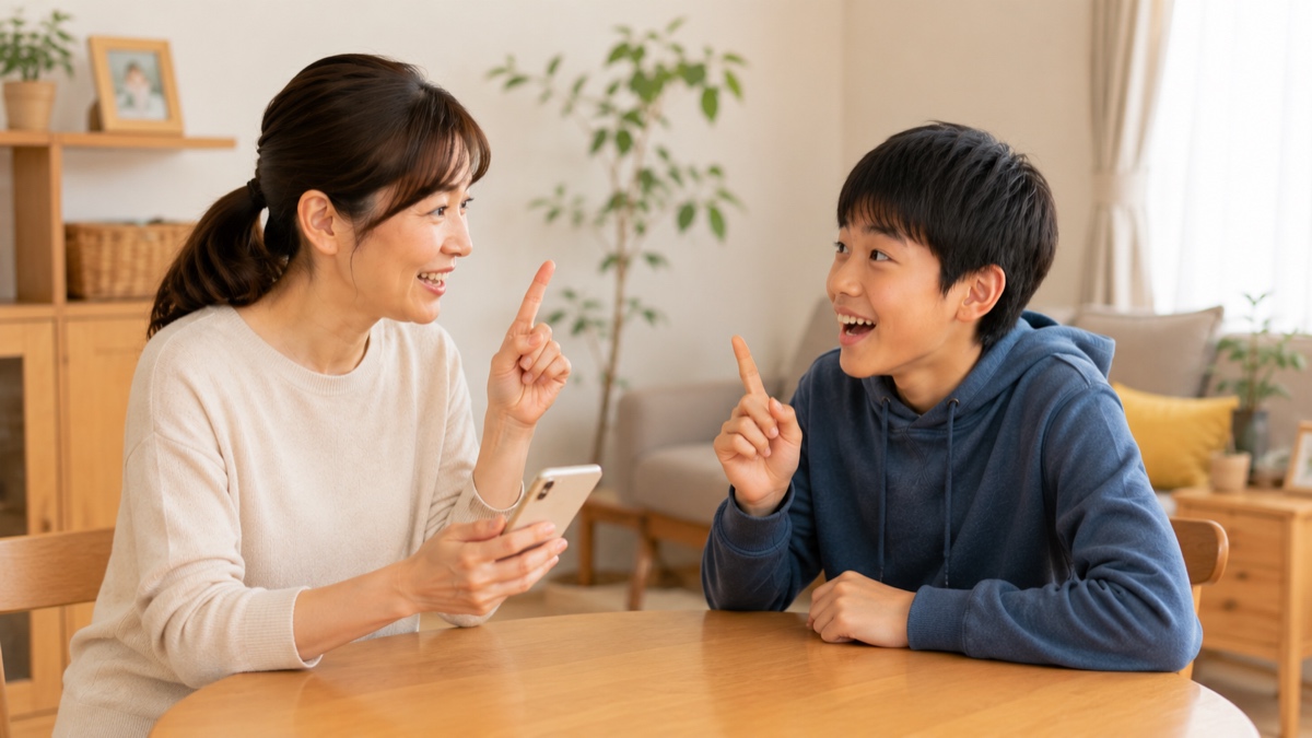 母親がスマートフォンを見ながらクイズを出し、中学生の息子が答えている