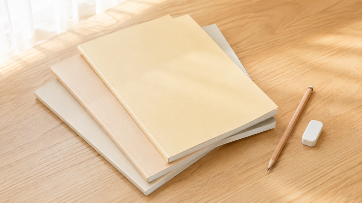 机の上に重ねて置かれた3冊の問題集とえんぴつ、消しゴム