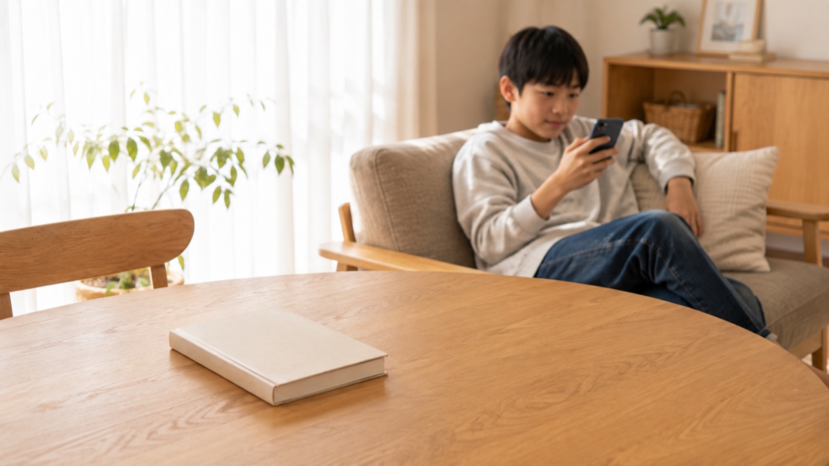 テーブルに閉じたまま置かれた本と、ソファでスマートフォンを見ている中学生