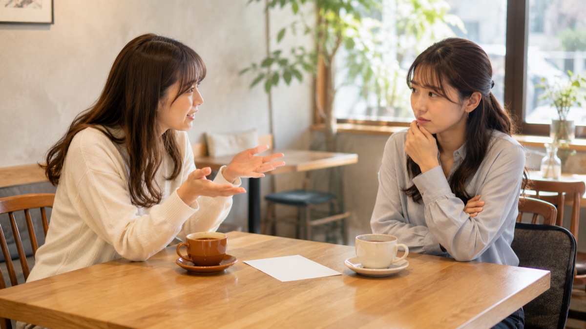 カフェで熱心に話す若い女性と、腕を組んで引き気味に聞いているもう一人