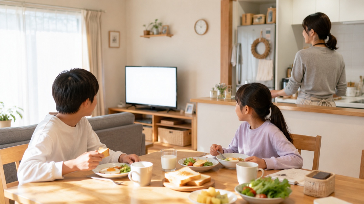 朝ごはんを食べながら、つけっぱなしのテレビをちらっと見ている子どもたち