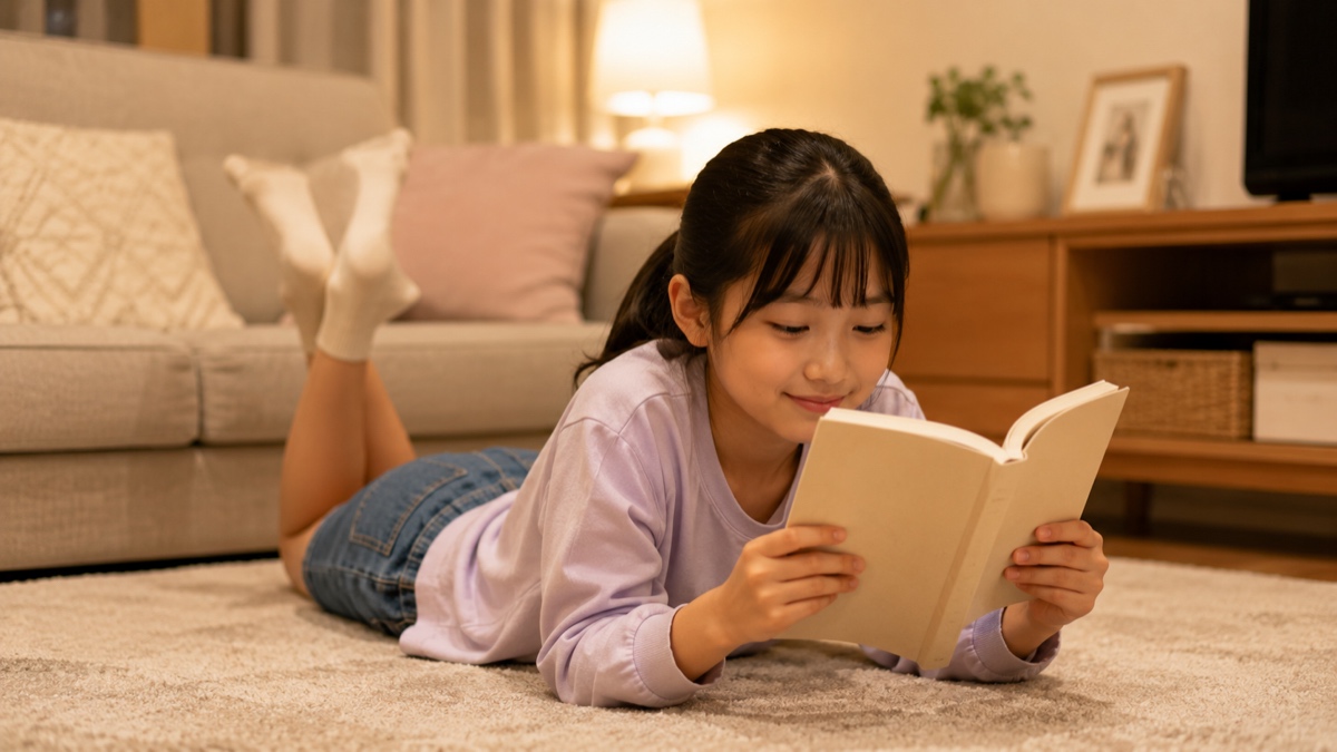 リビングの床でうつ伏せになり、くつろいで本を読んでいる小学生の女の子