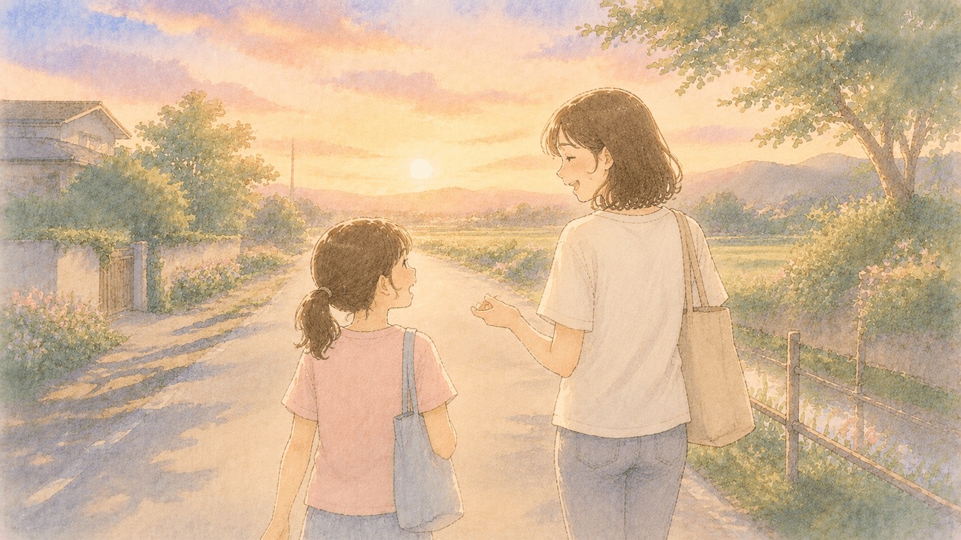 習い事の体験レッスンの帰り道、夕焼けの道を子どもと並んで歩きながら話す母親のイラスト