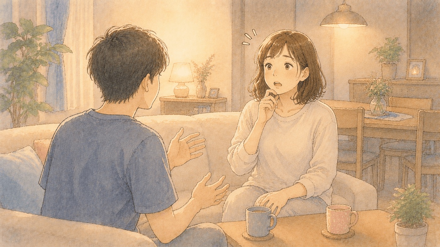 リビングで高校生の息子から昔の本音を打ち明けられ、驚いた表情の母親のイラスト
