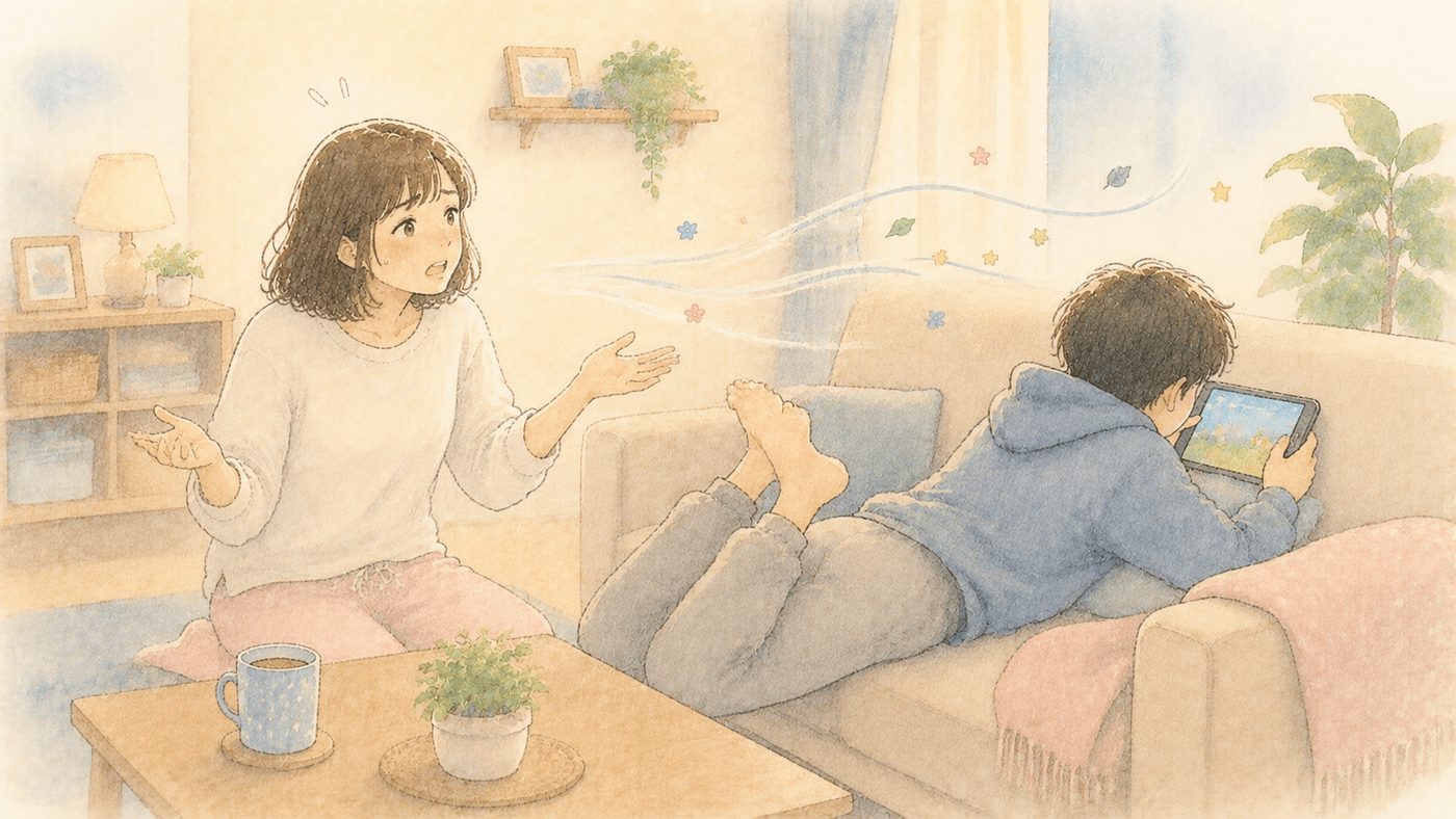 リビングで話しかける母親をよそに、ソファでタブレットに夢中で聞いていない子どものイラスト