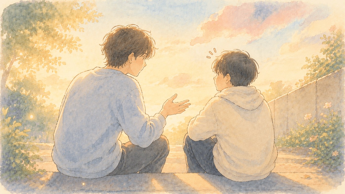 夕暮れの階段で先輩と真剣に話を聞く子どものイラスト