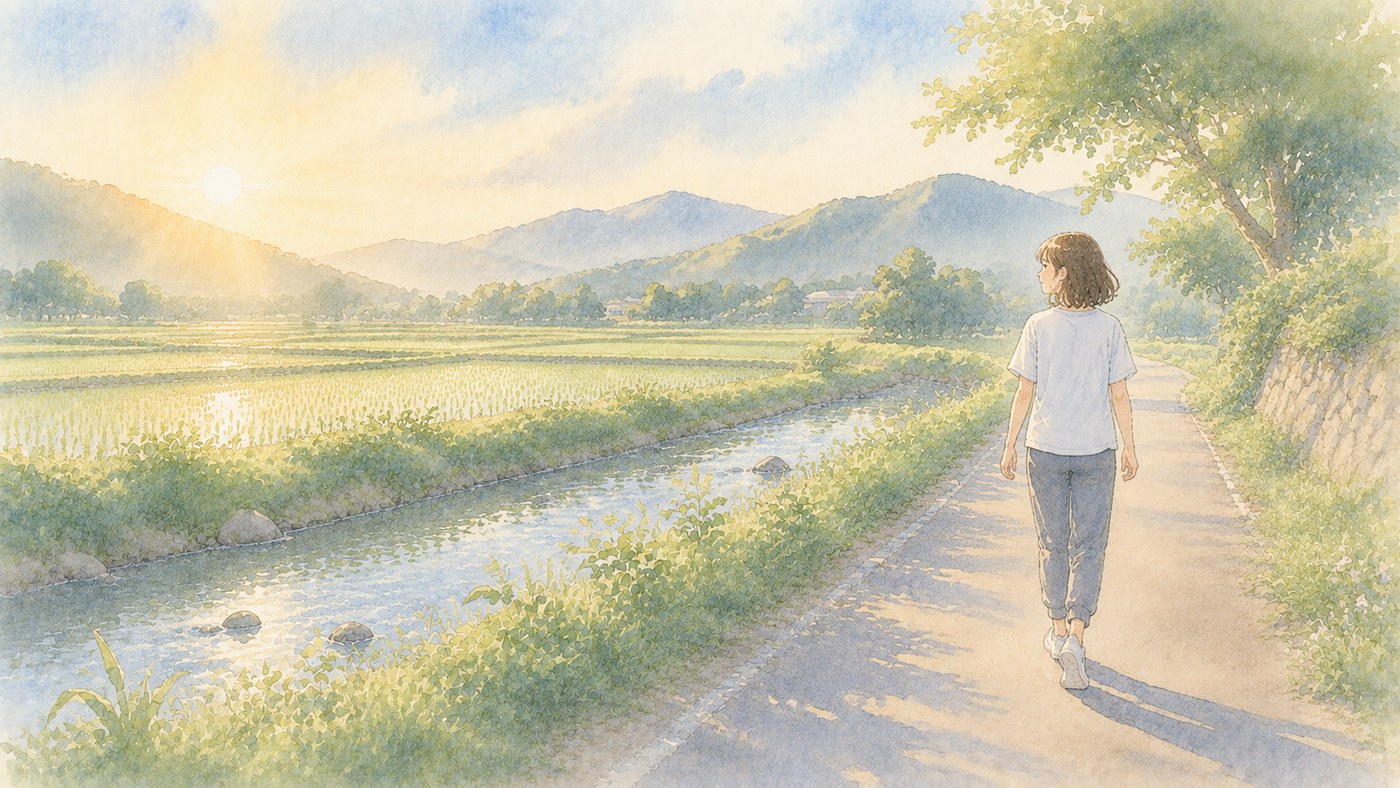 夏の早朝、川沿いの田んぼ道を朝日を浴びながら散歩する女性のイラスト