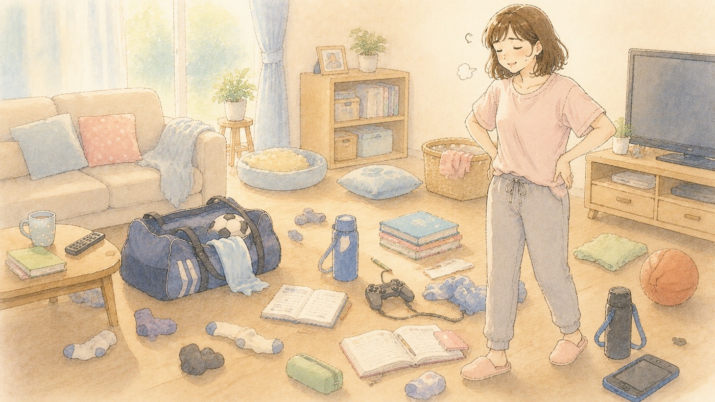 リビングの床に家族の荷物が散らばっているのを見て、腰に手を当ててあきれ笑いする女性のイラスト